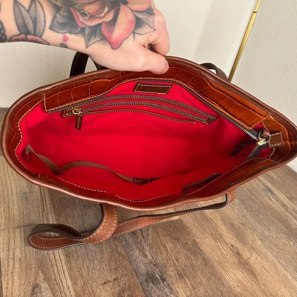 Dooney & Bourke Charleston Cognac Croc Embossed Leather Tote Bag - Picture 3 of 16